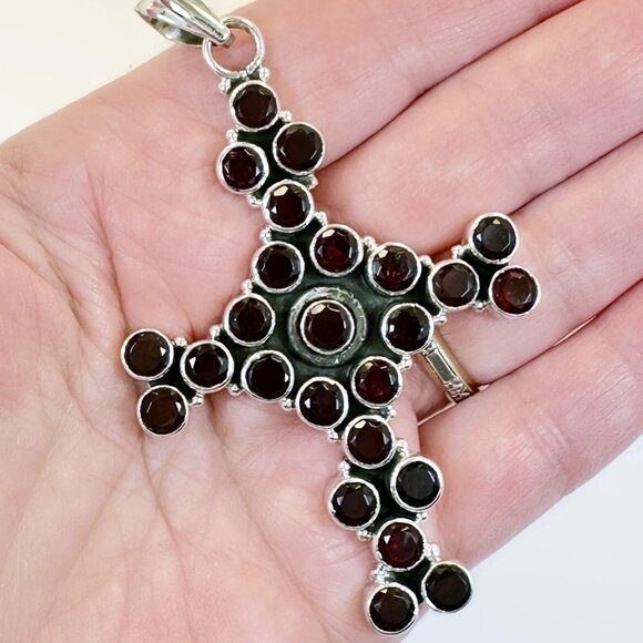 Garnet Cross, Sterling Silver, Gothic, Vintage Pendant, Garnet Pendant, Large - Picture 2 of 5